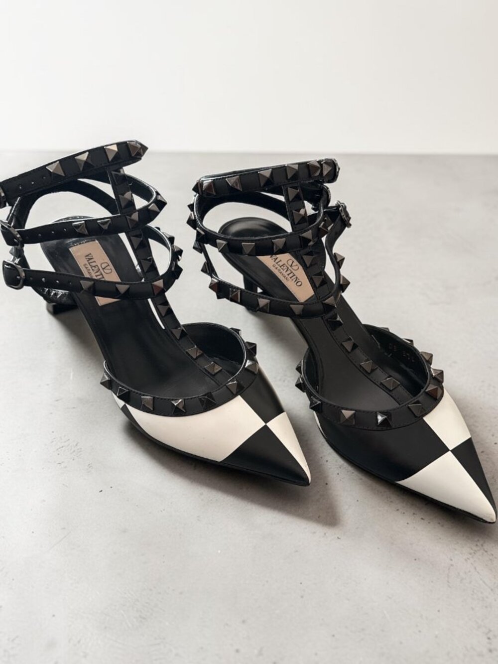 Valentino Black and White Studded T-Strap Pointed Heels